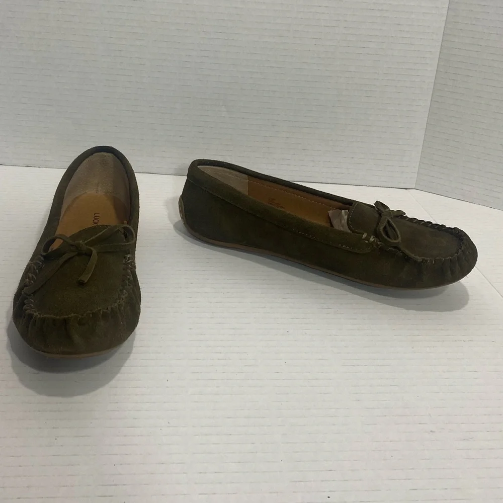 Lucky Brand Awra Olive Green Suede Leather Moccasin Flats Shoes Size 8